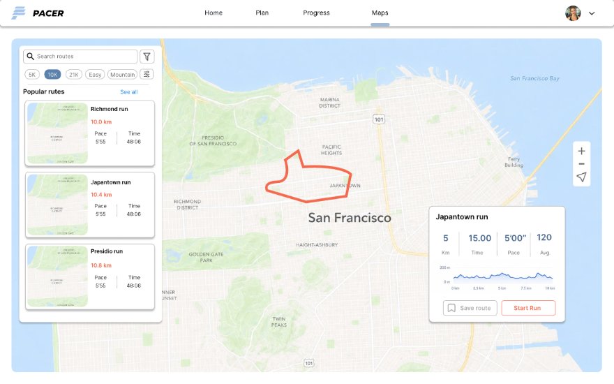 PACER route map, final interface