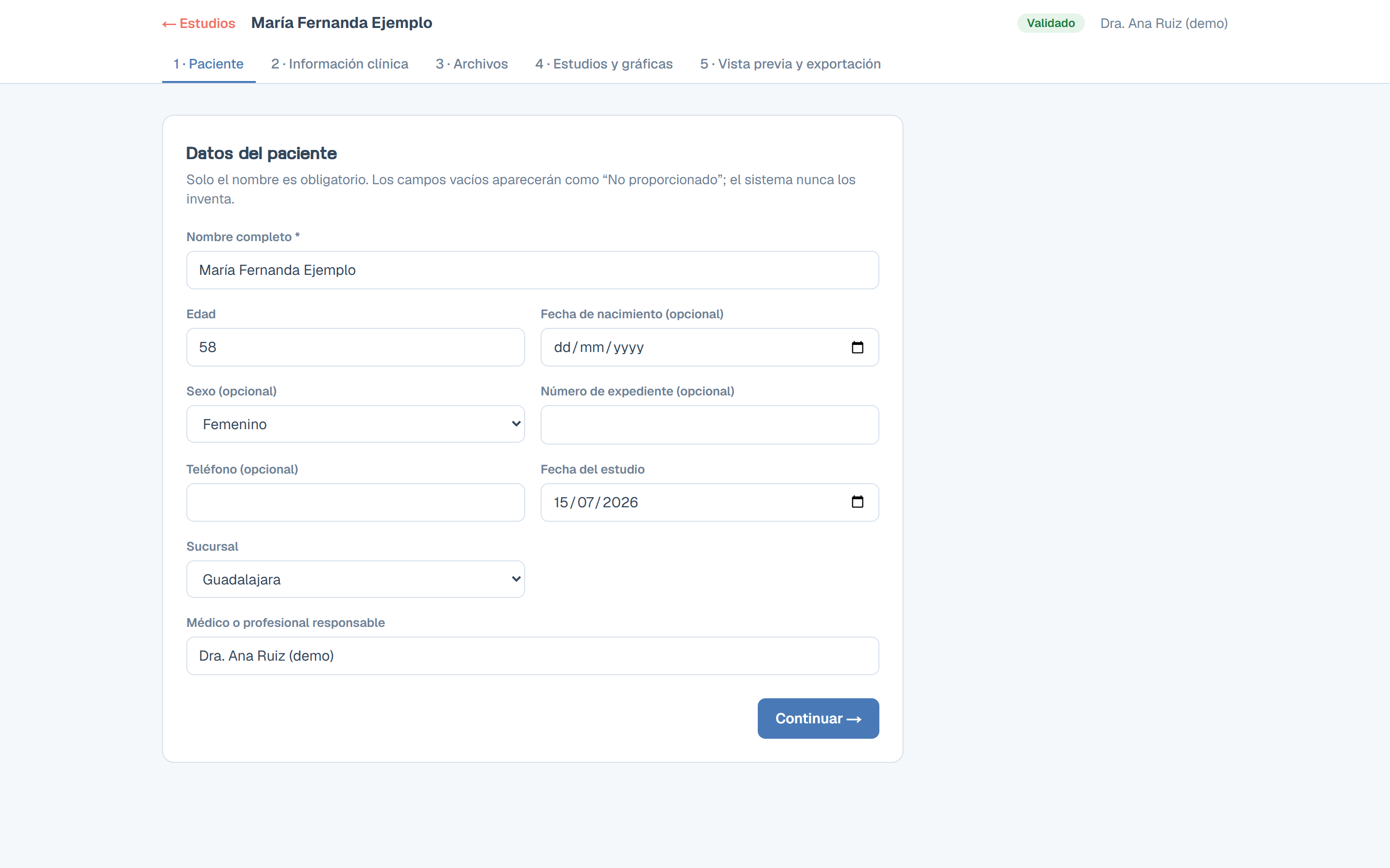 Patient and clinical information step with only the required fields
