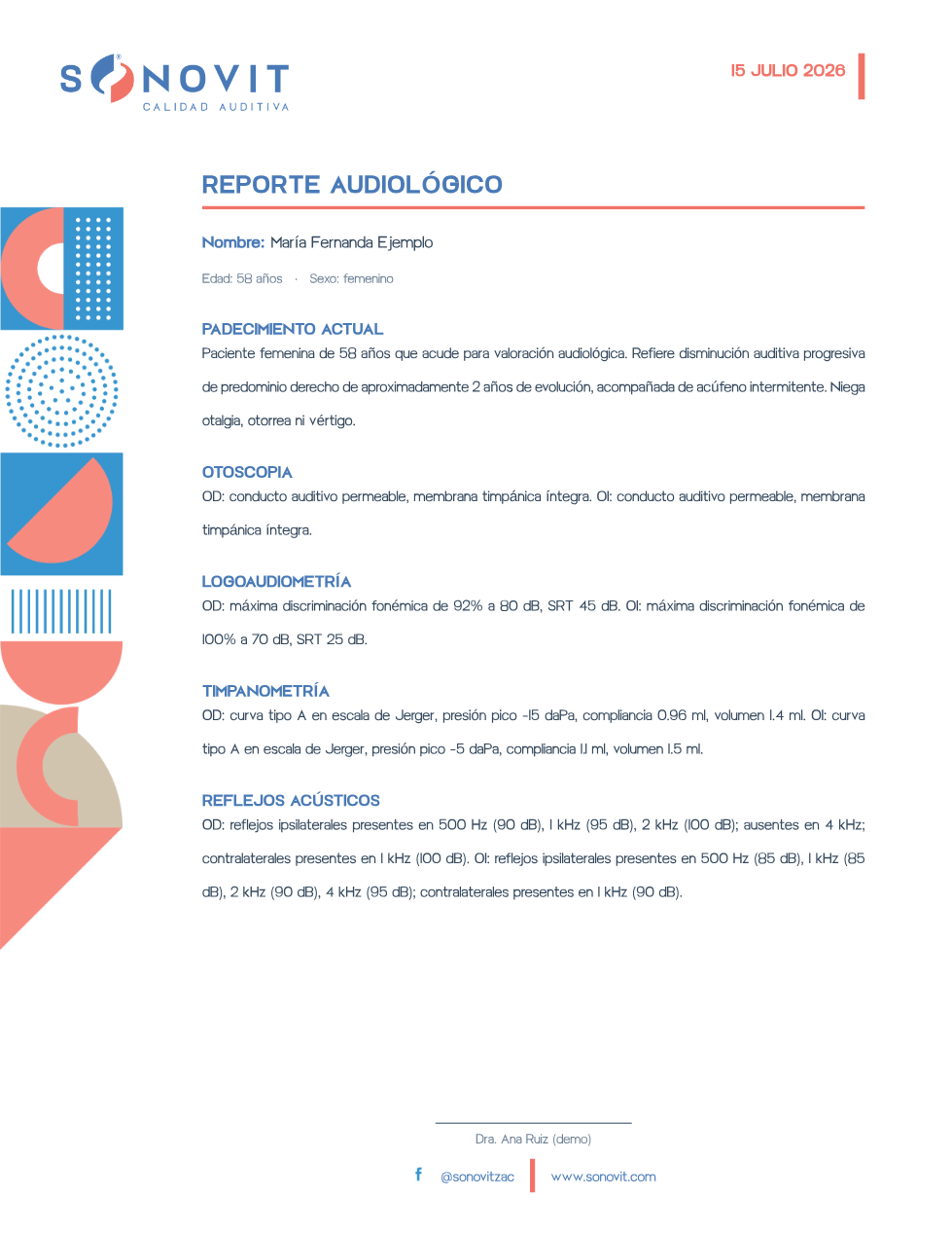 Page one of the audiological report: clinical narrative and patient information