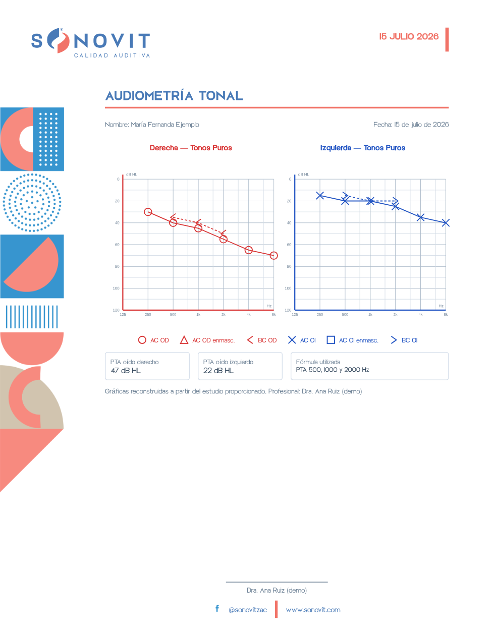 Page two: dual-panel tonal audiograms drawn as vectors, standard symbol legend and PTA per ear