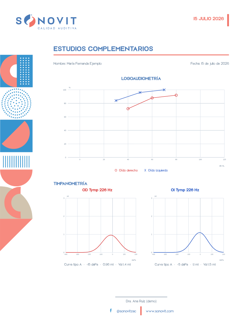 Page three: speech audiometry and tympanometry, present only when those studies hold data