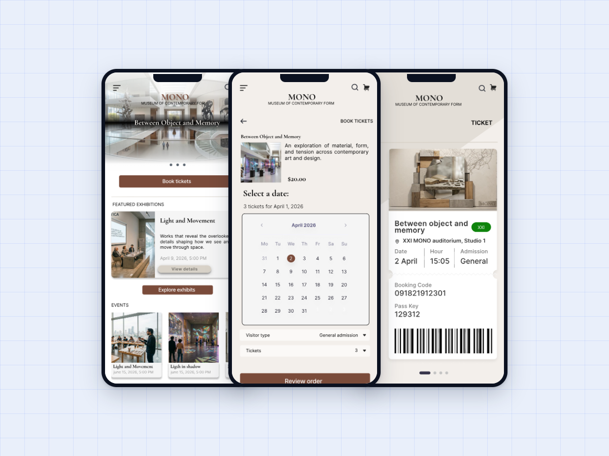 MONO — museum app screens: home, exhibition detail and active ticket