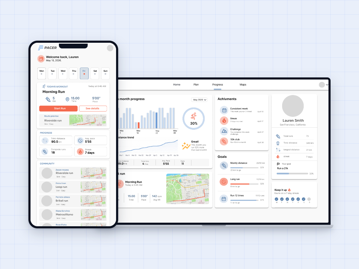 Pacer — responsive web dashboard and companion mobile app screens