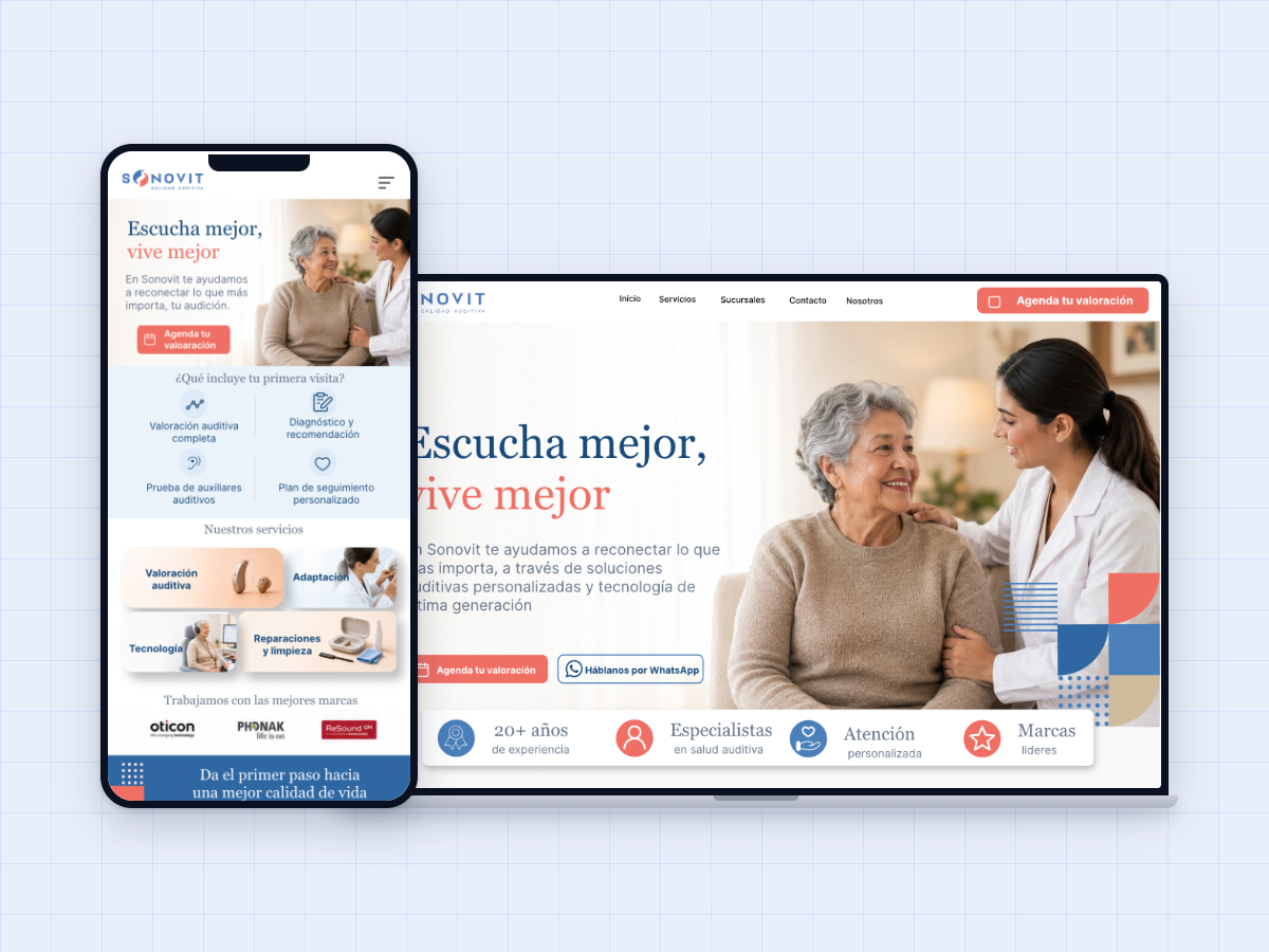 Sonovit — hearing-care website: responsive home page on desktop and mobile