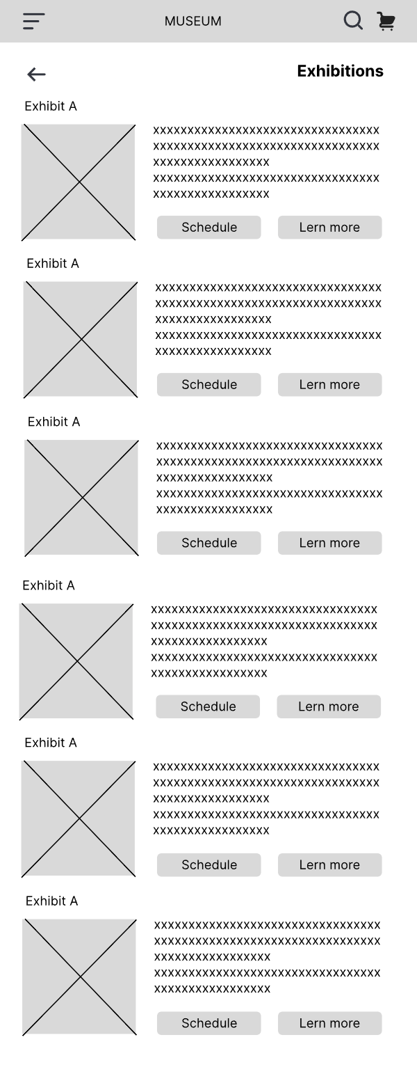 Lo-fi wireframe — Exhibitions